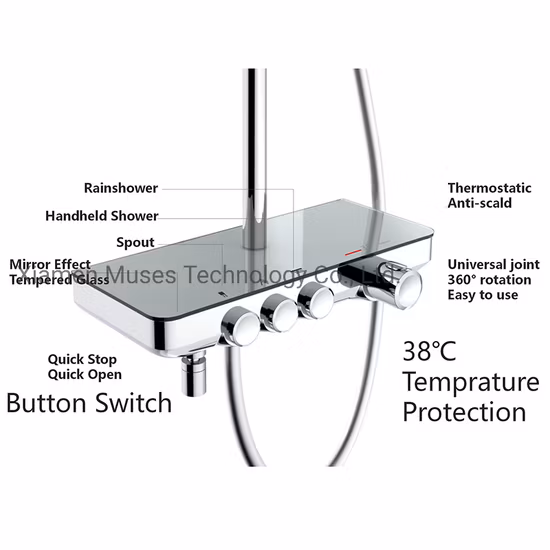 Système de douche à effet de pluie pour salle de bain en laiton exposé à 3 voies, mitigeur de robinet, colonne de douche, ensemble de douche thermostatique avec thermostat, douche à effet de pluie, douchette à main, bec verseur, étagère